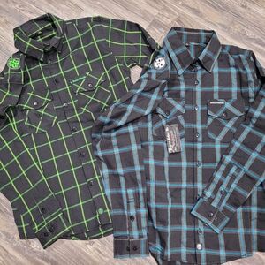 2 New Demons Behind Me Flannel Shirts Mens Size L Button Up Black Plaid